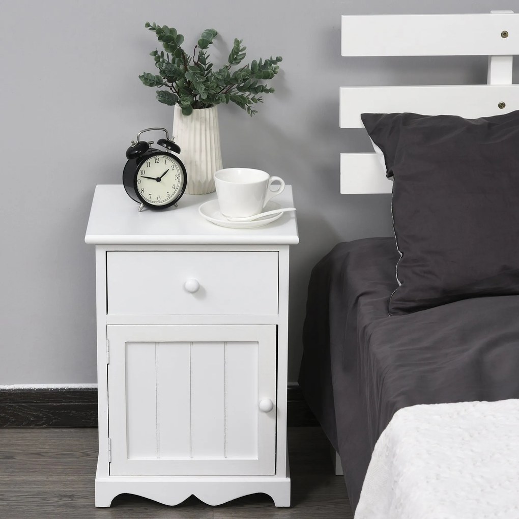HOMCOM Set Noptiera cu 2 piese din Lemn cu Sertar si Dulap Design Retrò, 35x30x49cm Culoarea Alba | AOSOM.ro