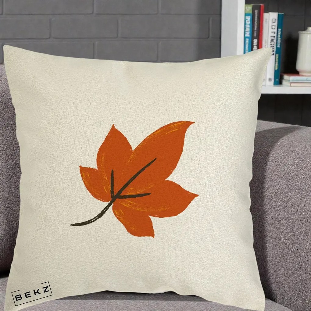 Perna Decorativa Frunza de Toamna Portocalie, 40x40 cm, Ecru, Husa Detasabila, Perna Inclusa, BEKZ®
