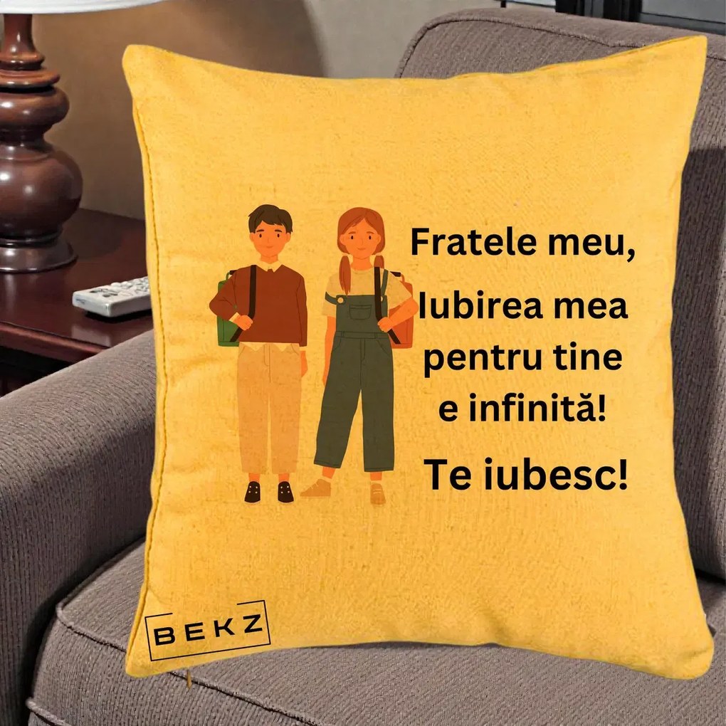 Cadou pentru Frate - Perna Personalizata Fratele Meu Te Iubesc Elevi Ilustratie Colorata, 40x40 cm, Galben, Husa Detasabila, Perna Inclusa, BEKZ®
