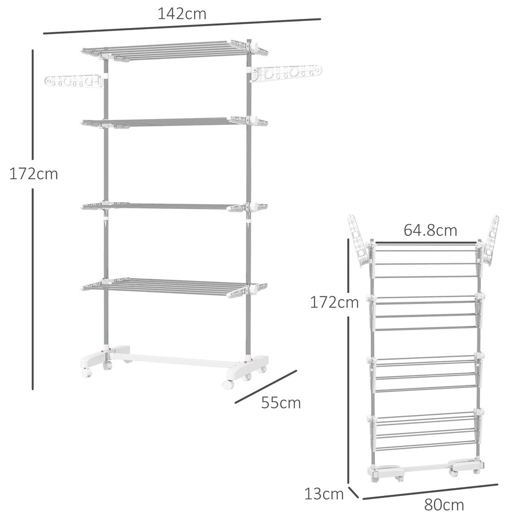 HOMCOM Suport Uscător de Rufe Reglabil, Design Spațios, (80-142)x55x172 cm, Argintiu | Aosom Romania