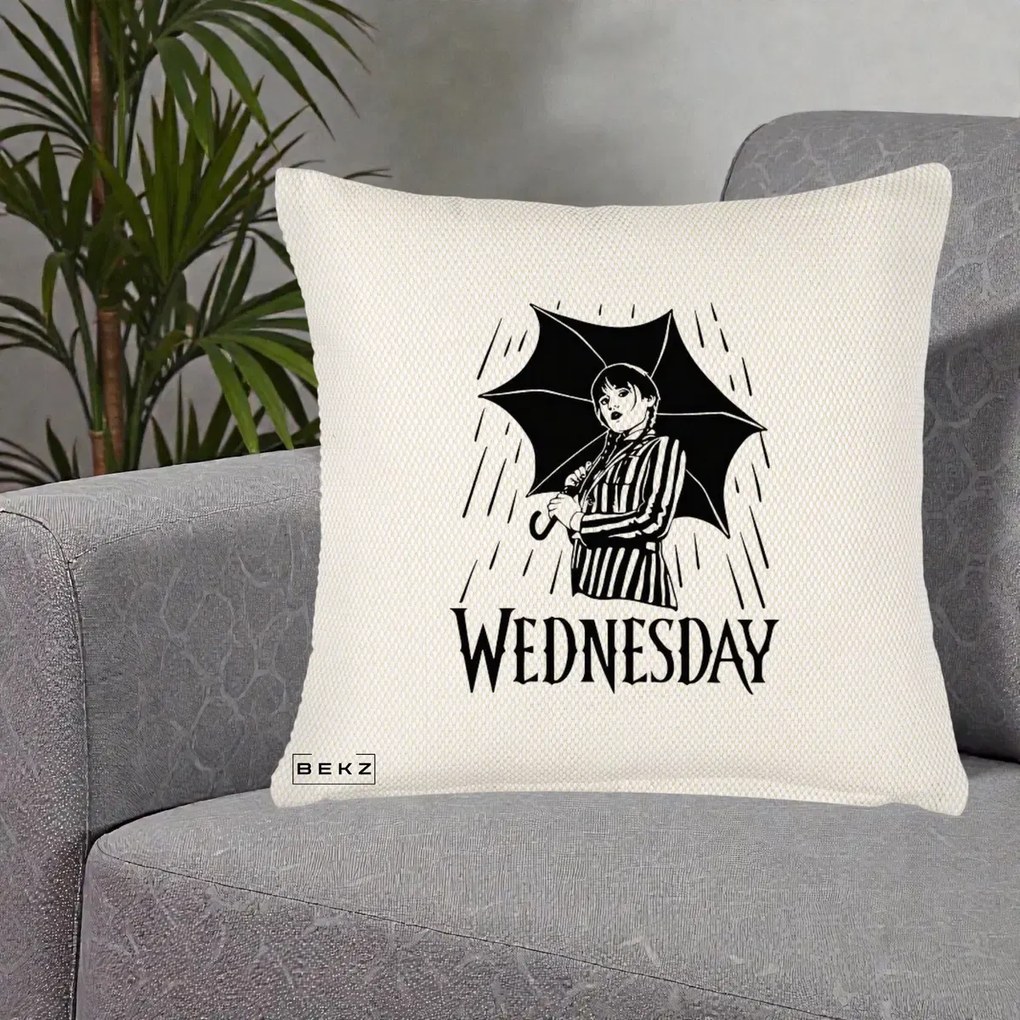Perna Personalizata Wednesday cu Umbrela Ploaie Lineart, 40x40 cm, Crem Reliefat, Husa Detasabila, Perna Inclusa, BEKZ®