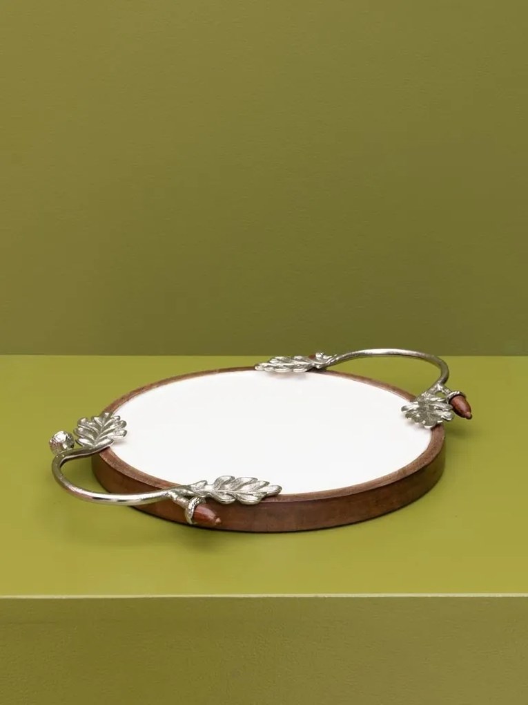 Platou decorativ din lemn de mango cu mânere din aluminiu argintiu și detalii florale, formă rotundă, 3 × 45 × 30 cm, „Silva"