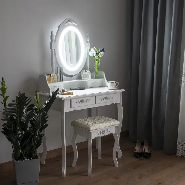 Măsuţă de toaletă vintage, cu oglindă pivotantă cu iluminare LED