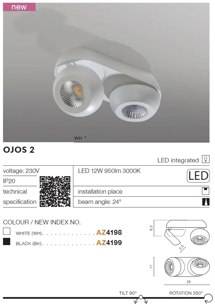 Spot LED aplicat directionabil de tavan/plafon OJOS 2 negru