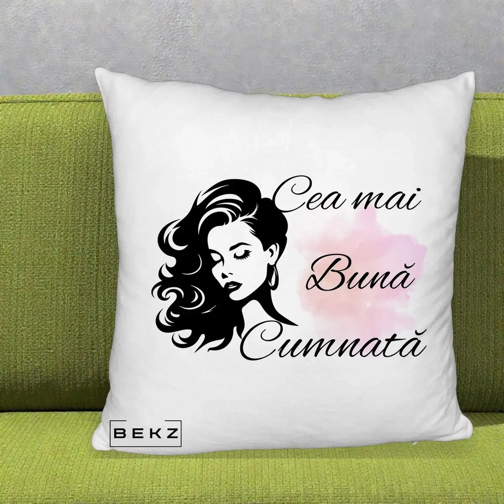 Cadou pentru Cumnata - Perna Personalizata Cea mai Buna Cumnata cu Silueta Dama si Pete Roz, 40x40 cm, Alb Pufos, Husa Detasabila, Perna Inclusa, BEKZ®