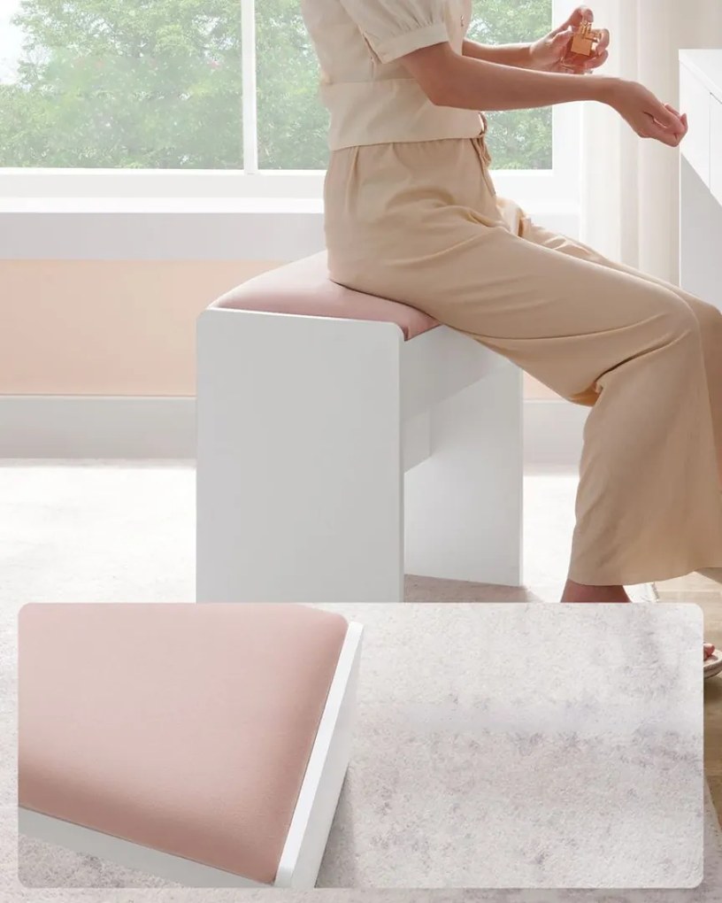 Taburet/scaun tapițat VELVET pentru masa de toaletă, 45×45×28,6 cm, alb/roz Vasagle