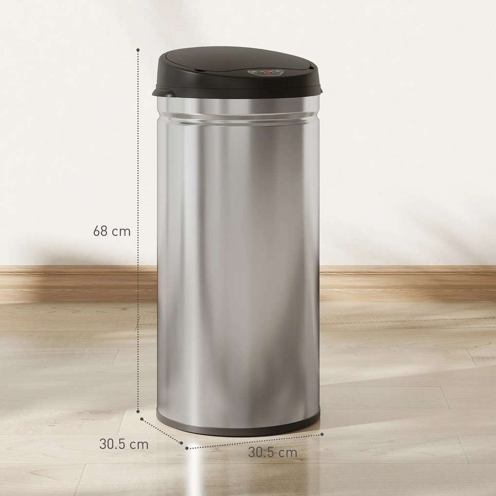Coș de gunoi HOMCOM de 42L cu Senzor de Mișcare și Deschidere Automată, din Oțel Inoxidabil și ABS, 30.5x30.5x68 cm, Negru și Argintiu | Aosom Romania