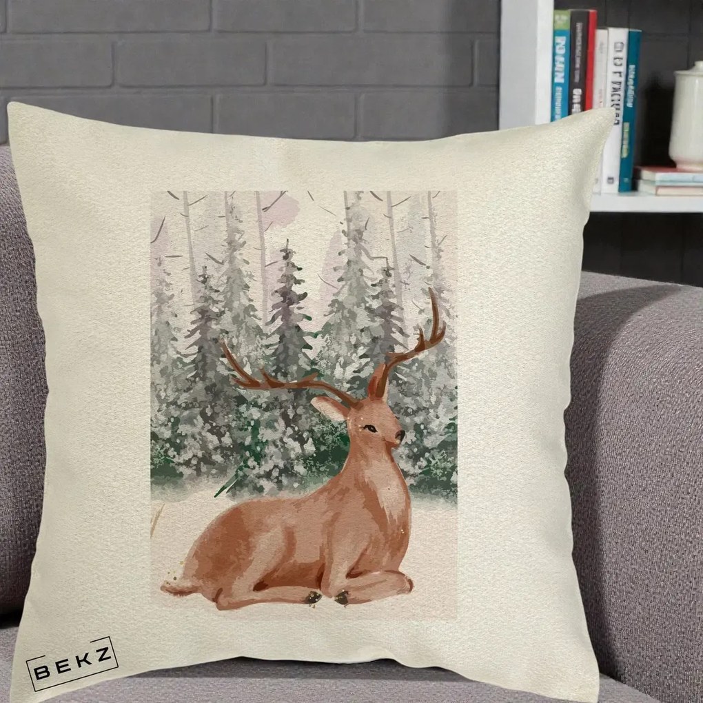 Perna Decorativa Ren in Padure Roz Moale, 40x40 cm, Ecru, Husa Detasabila, Perna Inclusa, BEKZ®