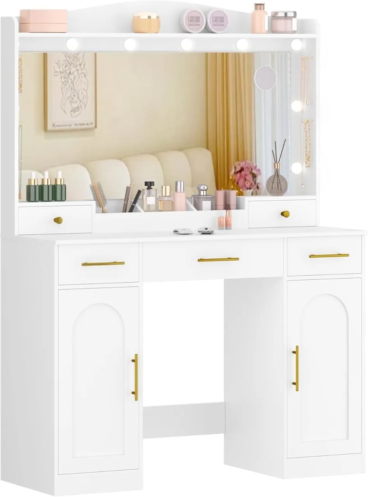 SEA911 - Set Masa toaleta 108 cm, cosmetica machiaj, oglinda cu LED, masuta vanity- Alb