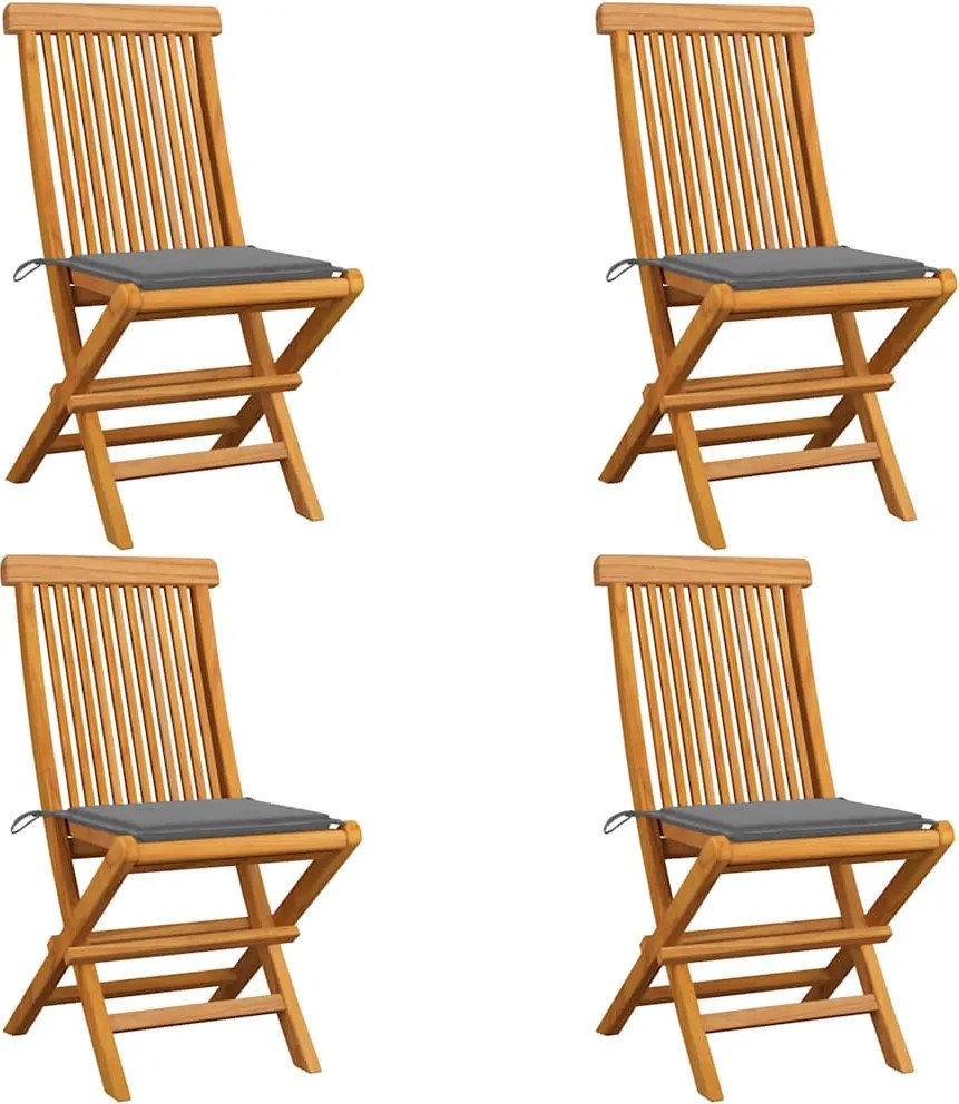 vidaXL Scaune de grădină cu perne gri, 4 buc., lemn masiv de tec