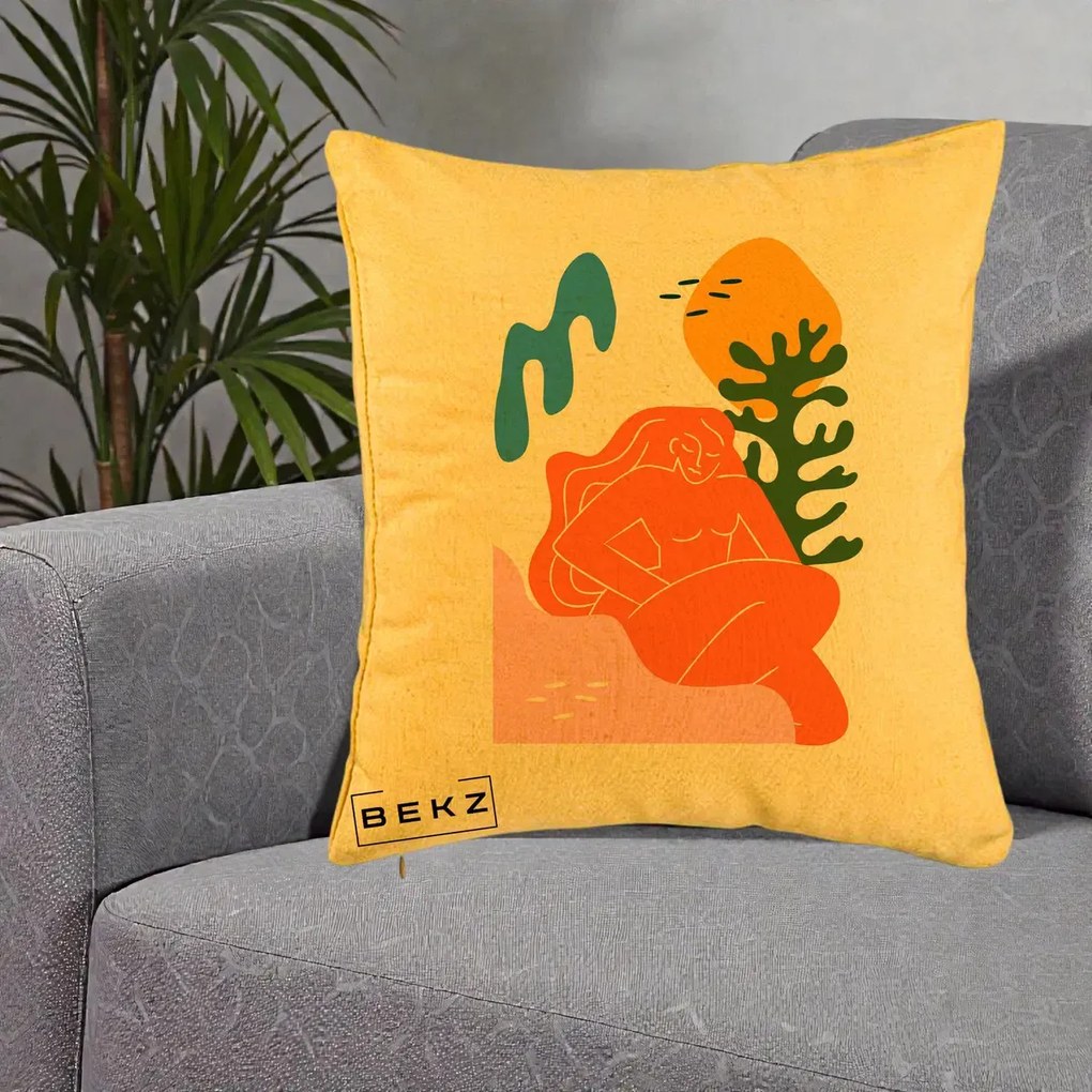 Perna Decorativa Femeie Portocalie Relaxata, 40x40 cm, Galben, Husa Detasabila, Perna Inclusa, BEKZ®
