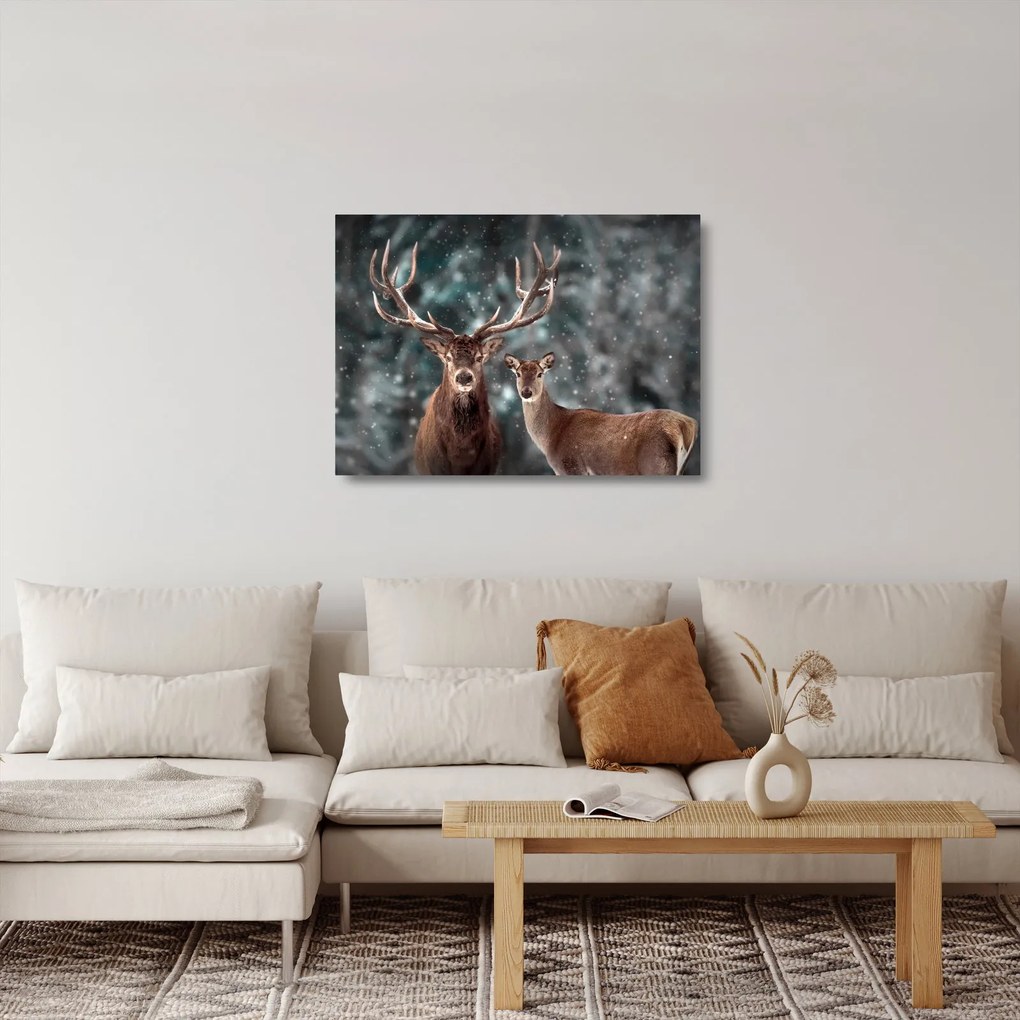 Tablou pe sticlă - Cerb și căprioare în pădurea înzăpezită (70x50 cm)