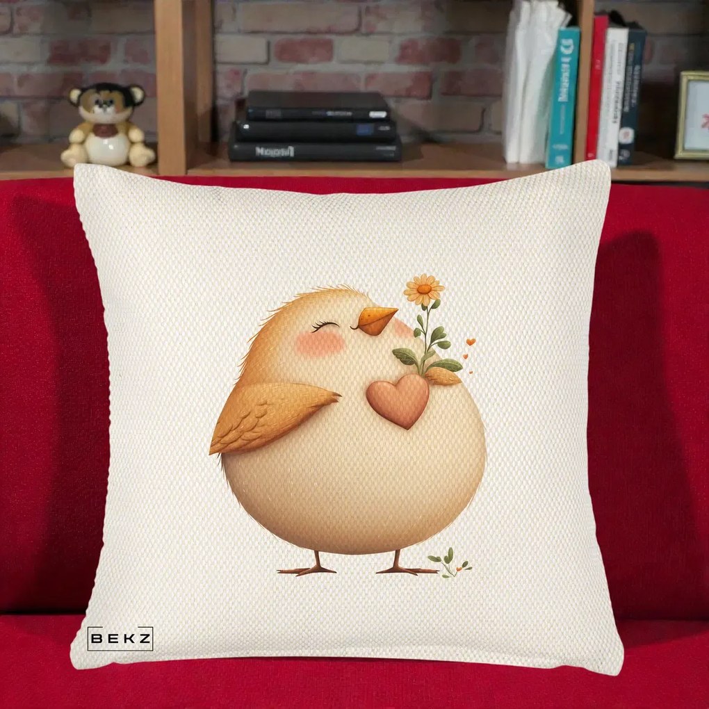Perna Decorativa Pui cu Inima si Floarea-Soarelui, 40x40 cm, Crem Reliefat, Husa Detasabila, Perna Inclusa, BEKZ®