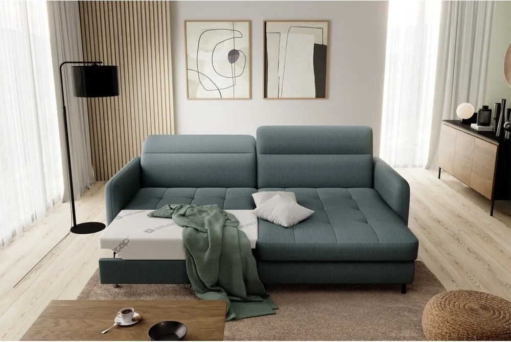 Colțar verde prăfuit extensibil/cu spațiu de depozitare cu tapițerie din catifea (cu colț pe partea dreaptă/cu șezlong) Gomsi – ELTAP