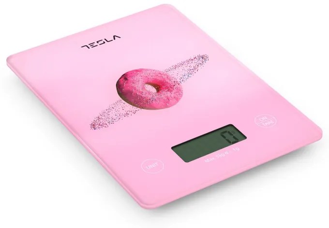 Cantar de bucatarie Tesla KS101P, 5kg, Functie TARE, Display LED, Roz