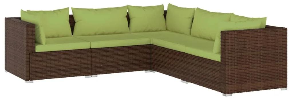 Set mobilier de gradina cu perne, 5 piese, maro, poliratan maro si verde, 2x mijloc + 3x colt, 1