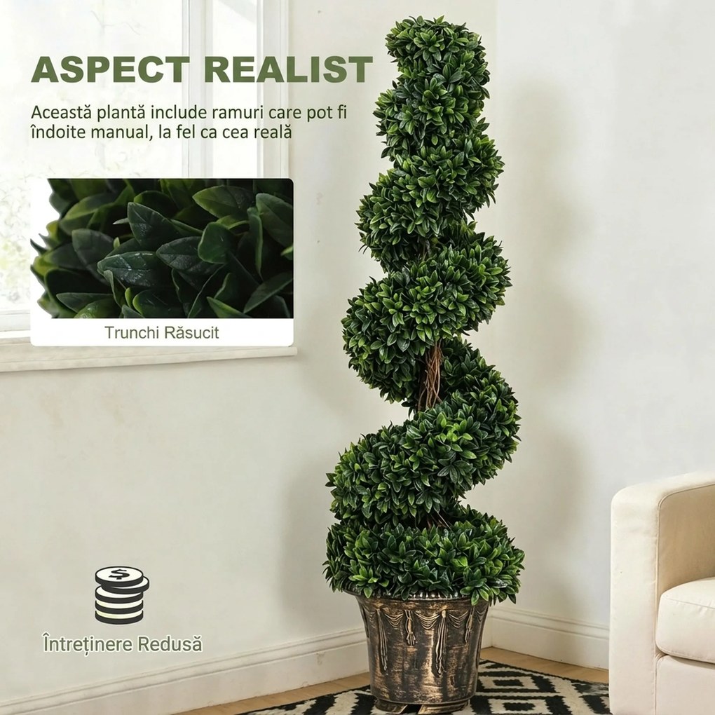 Outsunny Plantă Artificială Decorativă Buxus în Spirală cu Ghiveci Inclus, Ф32x120 cm, Verde | Aosom Romania