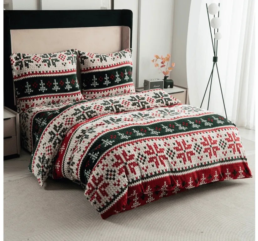 Set 2 bucati Lenjerie cocolino FROSTED CHRISTMAS colorat + Cearsaf Cocolino microplus cu elastic SOFT 180x200 cm alb, pat dublu