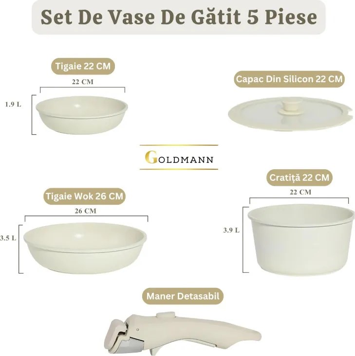 Set oale și tigăi cu mâner detașabil Goldmann GM-1005, 5 piese, Inducție, Finisaj marmură, Bej