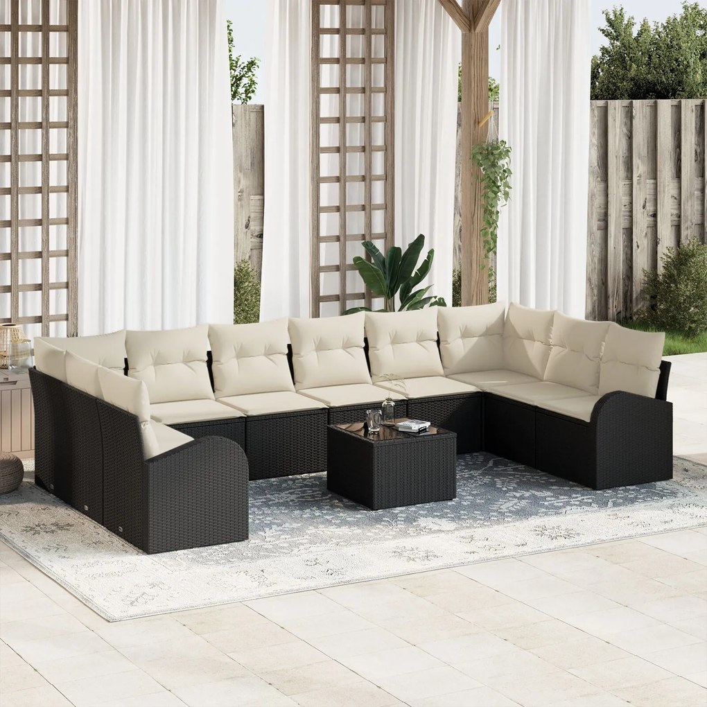 vidaXL Set de canapea de grădină cu 10 piese și perne din rattan poli, negru.