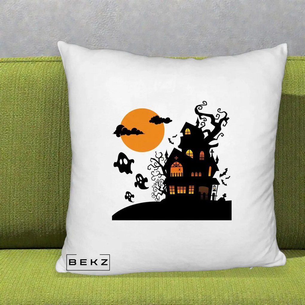 Perna Decorativa Halloween Casa Bantuita cu Fantome, 40x40 cm, Alb Pufos, Husa Detasabila, Perna Inclusa, BEKZ®