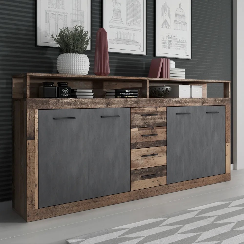 Comodă combinată, stejar de culoare închisă old star dark/grafit, LUNYSA