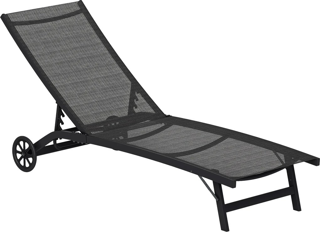 Outsunny Șezlong, spătar reglabil în 5 trepte, material respirabil, cadru din aluminiu, Negru, 195 x 66 x 34 cm | Aosom Romania