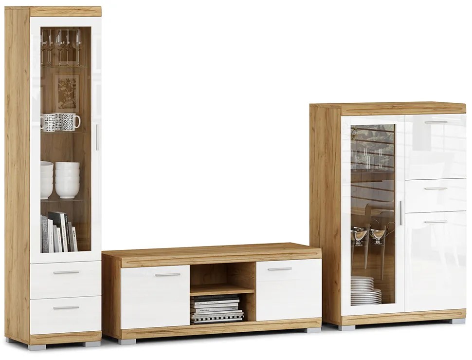 Mazzoni Mobilier perete SIMPLE Stejar Craft Auriu/Alb Luciu - COMODĂ TV VITRINĂ COMODĂ PENTRU LIVING