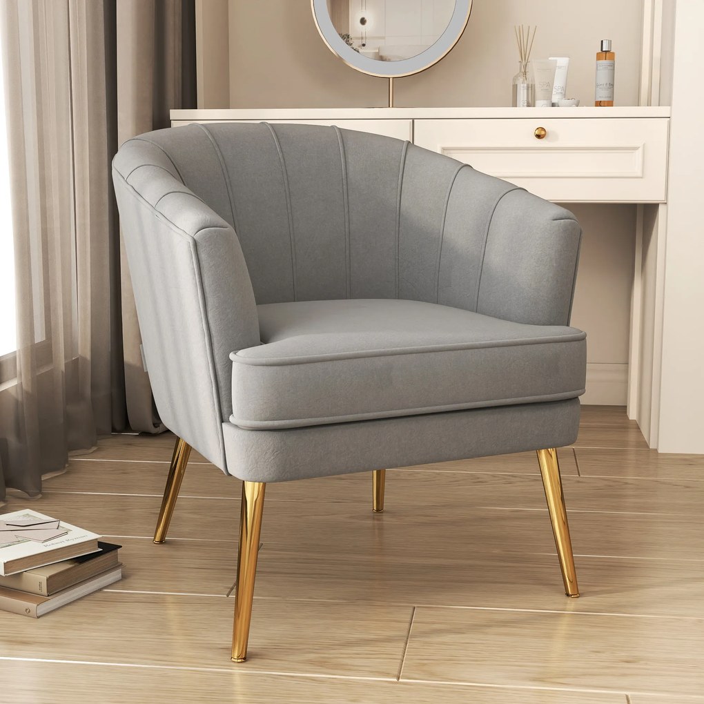 HOMCOM Scaun de Efect Textil pentru Camera de Zi, Picioare Metalice Aurii, Catifea Gri, Confortabil și Elegant | Aosom Romania