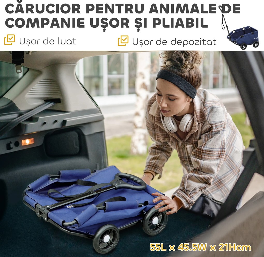 PawHut Cărucior Pliabil pentru Câini de Talie Mică cu Intrare la 45°, Geantă și Pernă, 53x45x28 cm, Albastru | Aosom Romania