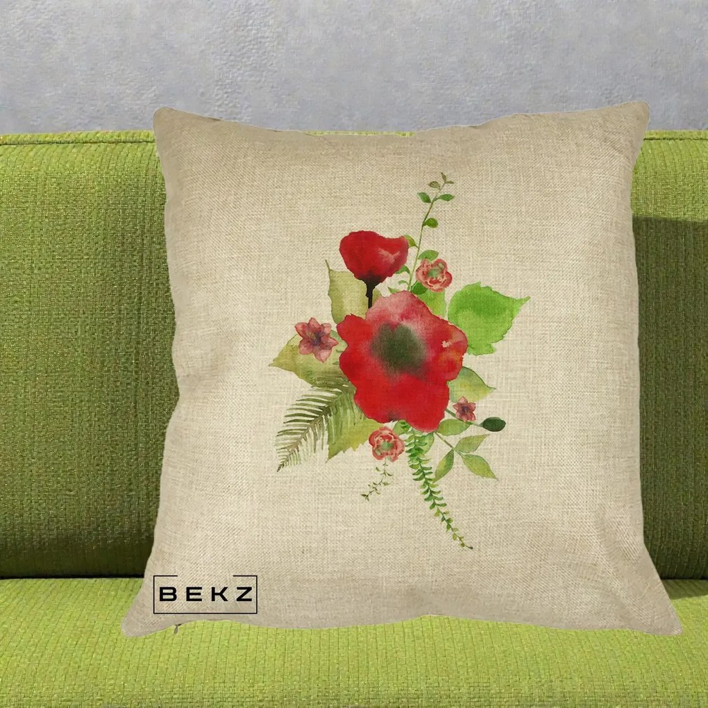 Perna Decorativa Buchet Rosu Acuarela, 40x40 cm, Crem, Husa Detasabila, Perna Inclusa, BEKZ®