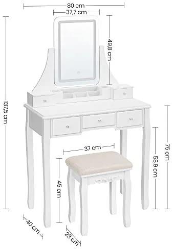Masa de toaleta cu scaun si oglinda cu iluminare LED, MDF / textil, alb, Songmics