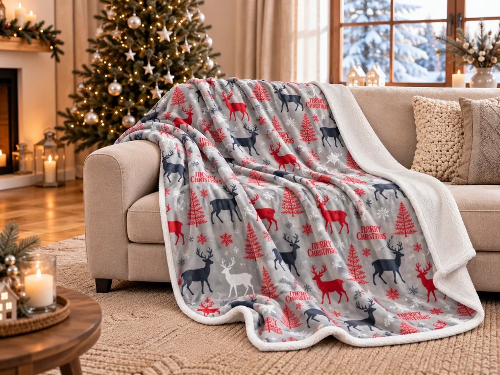 Patura miel din microplus de Craciun CHRISTMAS DEER gri Dimensiune: 160 x 200 cm