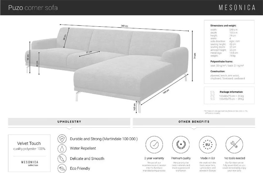 Colțar MESONICA Puzo, colț pe partea stângă, gri