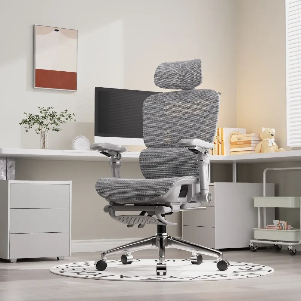 NEXORA – Scaun ergonomic, suport lombar 3D adaptiv, tetieră 4D, cotiere 9D, șezut glisant, recliner 135°, suport pentru picioare, bază metalică, Mesh, Gri