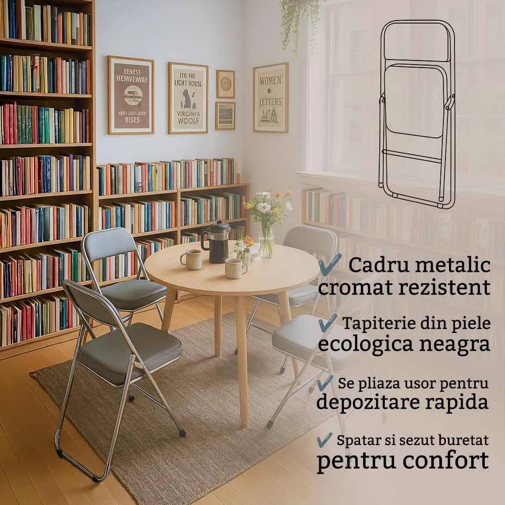 Scaun pliant gri HRC 607 din piele sintetică și cadru metalic cromat