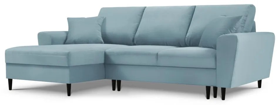 Colțar albastru deschis extensibil, cu spațiu de depozitare cu tapițerie din catifea reiată (cu colț pe partea stângă, cu șezlong) Kyoto – Cosmopolitan Design