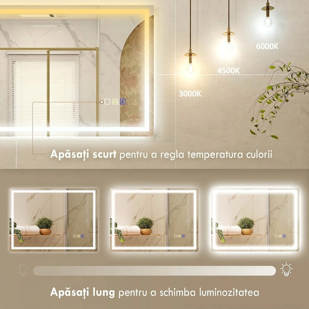 HOMCOM Oglindă Baie Antiaburire cu Lumină LED și Difuzor Bluetooth 50x70 cm | Aosom Romania