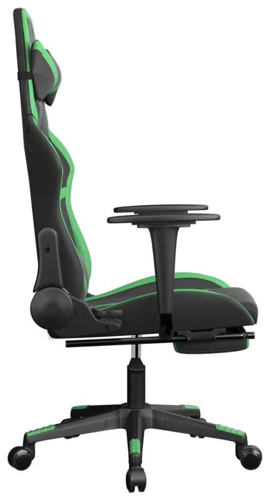 Scaun gaming de masaj suport picioare, negru verde, piele eco 1, Negru si verde, Cu suport de picioare