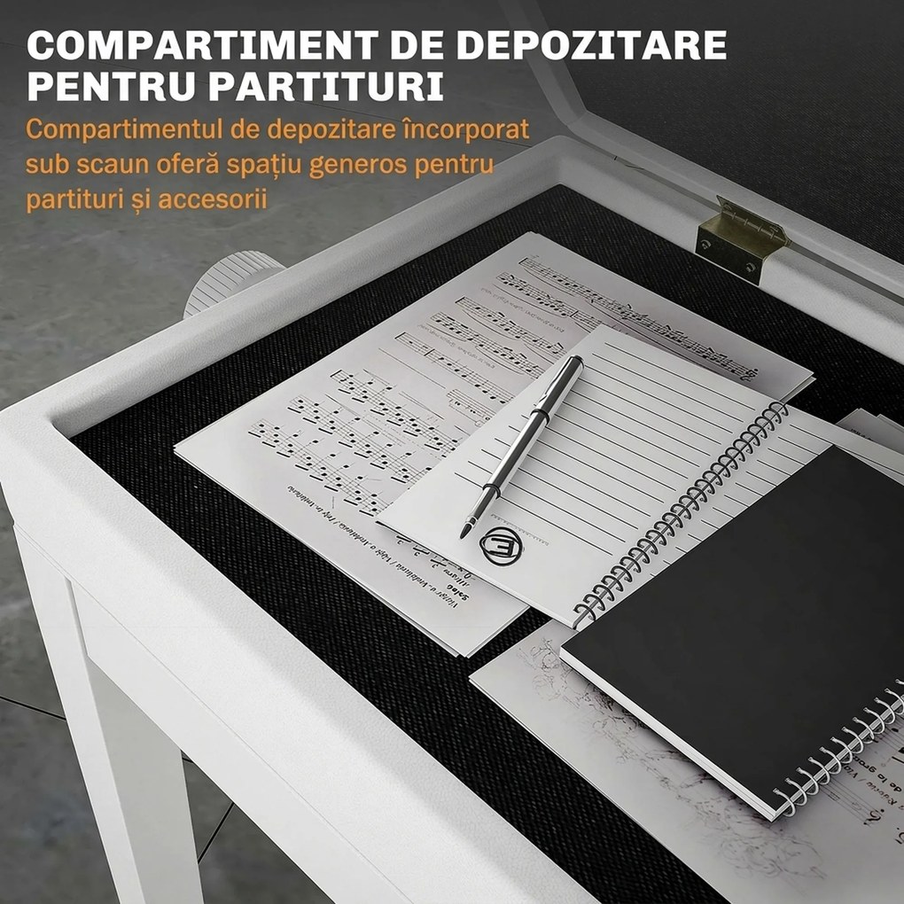 Scaun de Pian HOMCOM Reglabil cu Compartiment de Depozitare și Scaun Imbunătățit, 54.5x33x48-58 cm, Alb | Aosom Romania