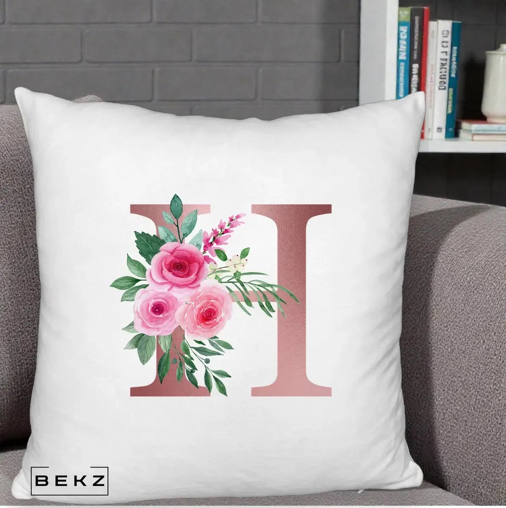 Cadou Personalizat - Perna Personalizata Monograma Rose Gold Litera H, 40x40 cm, Alb Pufos, Husa Detasabila, Perna Inclusa, BEKZ®