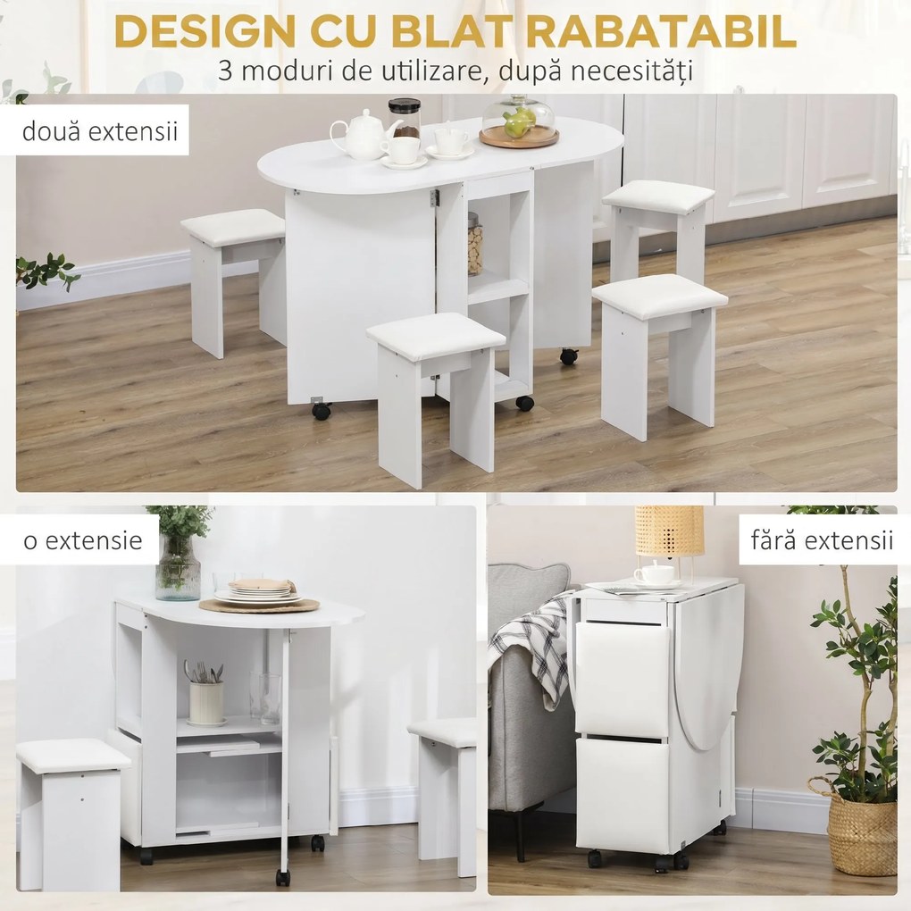 Set de masa pliabil pentru 4 persoane, cu 5 piese, scaune de sufragerie tapitate, cu rafturi de depozitare si 6 roti, alb HOMCOM | Aosom Romania