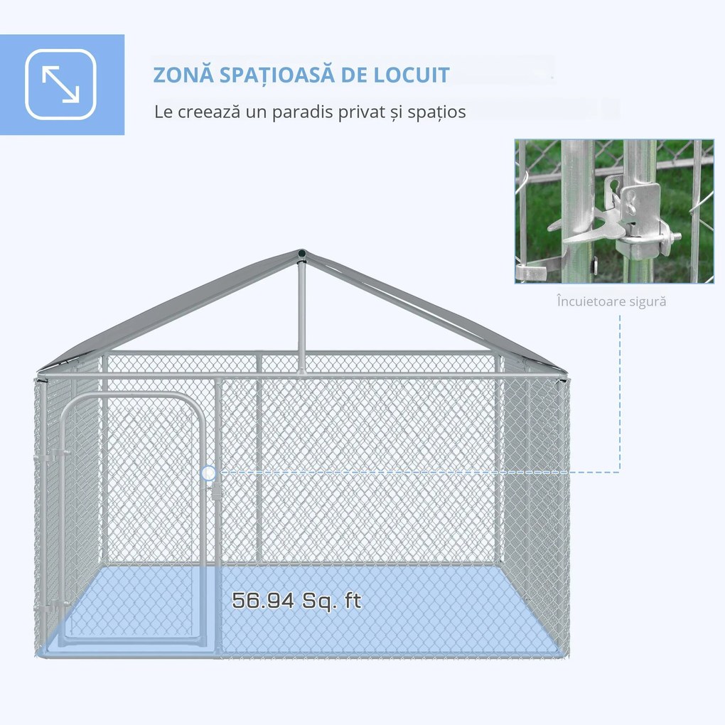 PawHut Țarc Exterior pentru Câini cu Acoperiș Impermeabil, Spațios, 230x230x175 cm, Argintiu | Aosom Romania