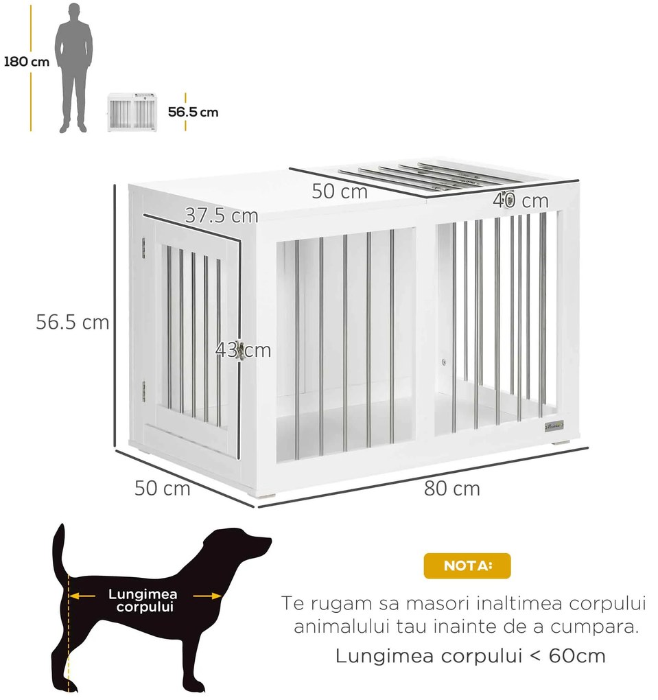 PawHut Cușcă pentru Câini cu 2 Uși Blocabile din Oțel și MDF, 80x50x56.5 cm, Alb | Aosom Romania