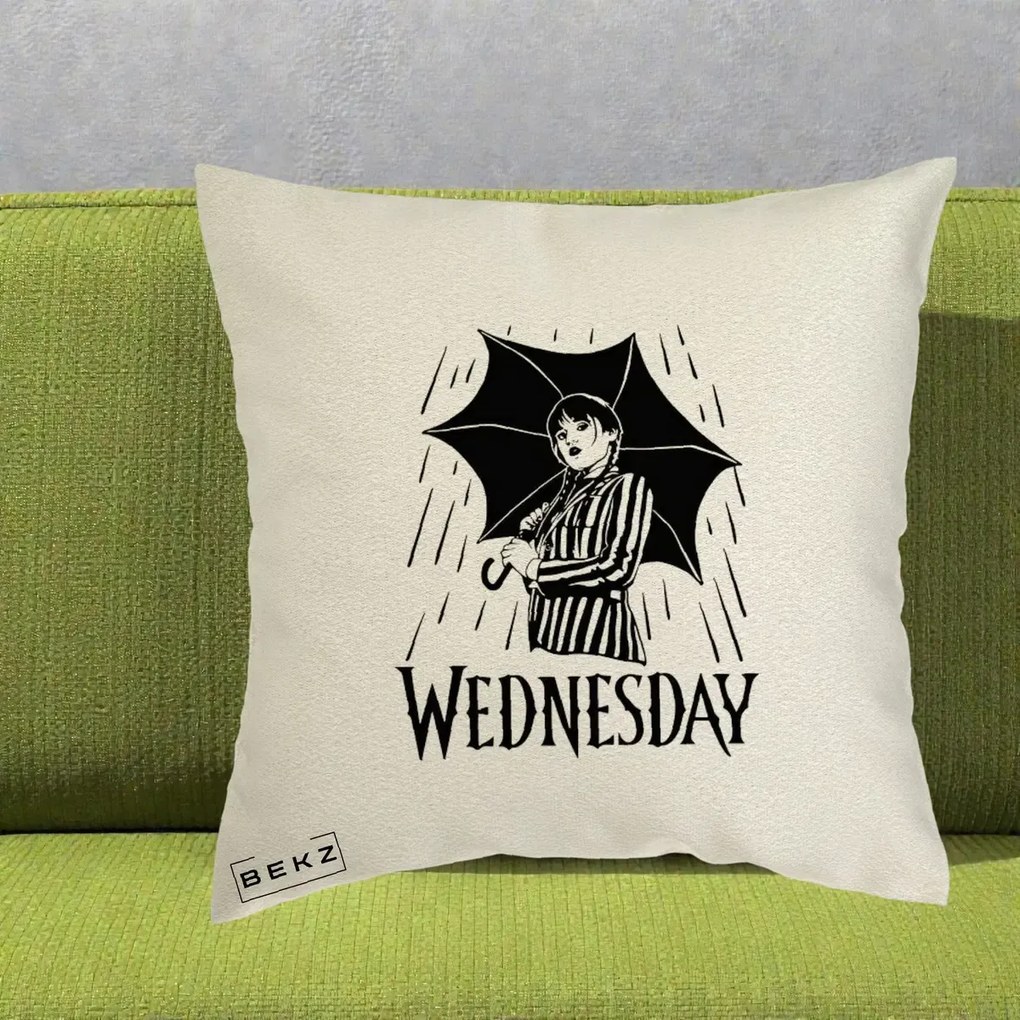 Perna Personalizata Wednesday cu Umbrela Ploaie Lineart, 40x40 cm, Ecru, Husa Detasabila, Perna Inclusa, BEKZ®