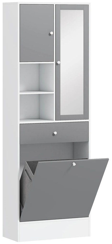 HOMCOM Mobila de baie cu cos de rufe si oglinda raft ajustabil 62 x 28,3 x 181 cm gri si alb | Aosom Romania