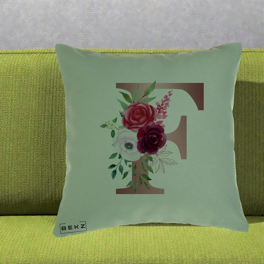 Cadou Personalizat - Perna Personalizata Monograma Rose Gold Litera F, 40x40 cm, Verde, Husa Detasabila, Perna Inclusa, BEKZ®