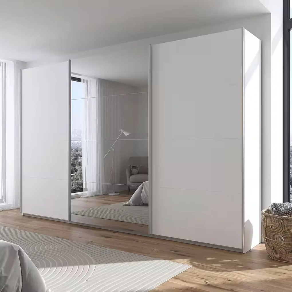 Dressing 360 cm lățime, 3 uși glisante, oglindă pe mijloc, culoare albă, material PAL, compartimentare premium, înălțime 229 cm