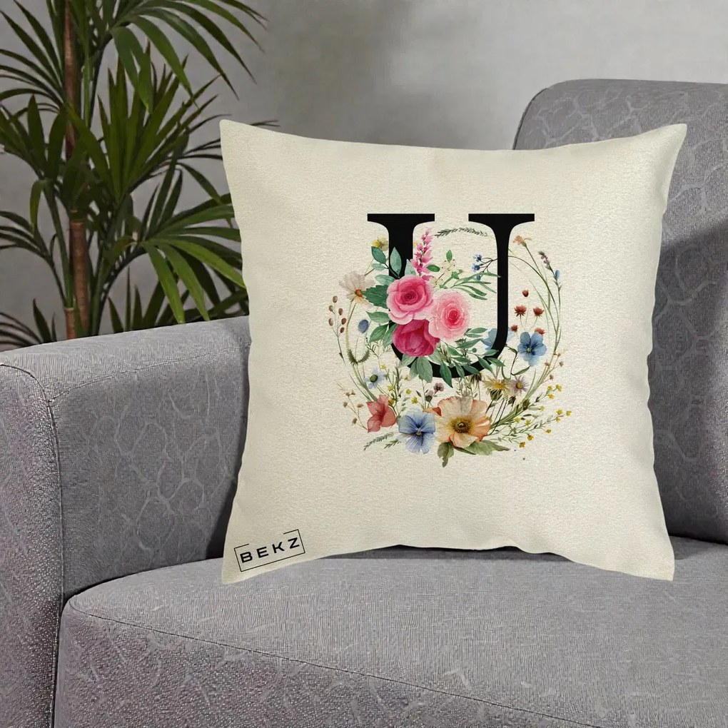 Cadou Personalizat - Perna Personalizata Monogram Litera U cu Flori Acuarela, 40x40 cm, Ecru, Husa Detasabila, Perna Inclusa, BEKZ®