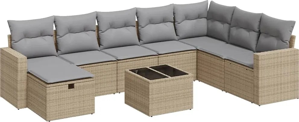 vidaXL Set canapele de grădină, 9 piese, cu perne, bej, poliratan